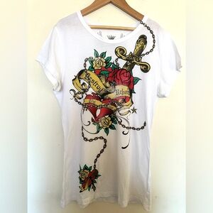 Jimmy’Z Vintage Graphic White‎ T-Shirt Womens Sz Large Sword and Rose Design Y2K